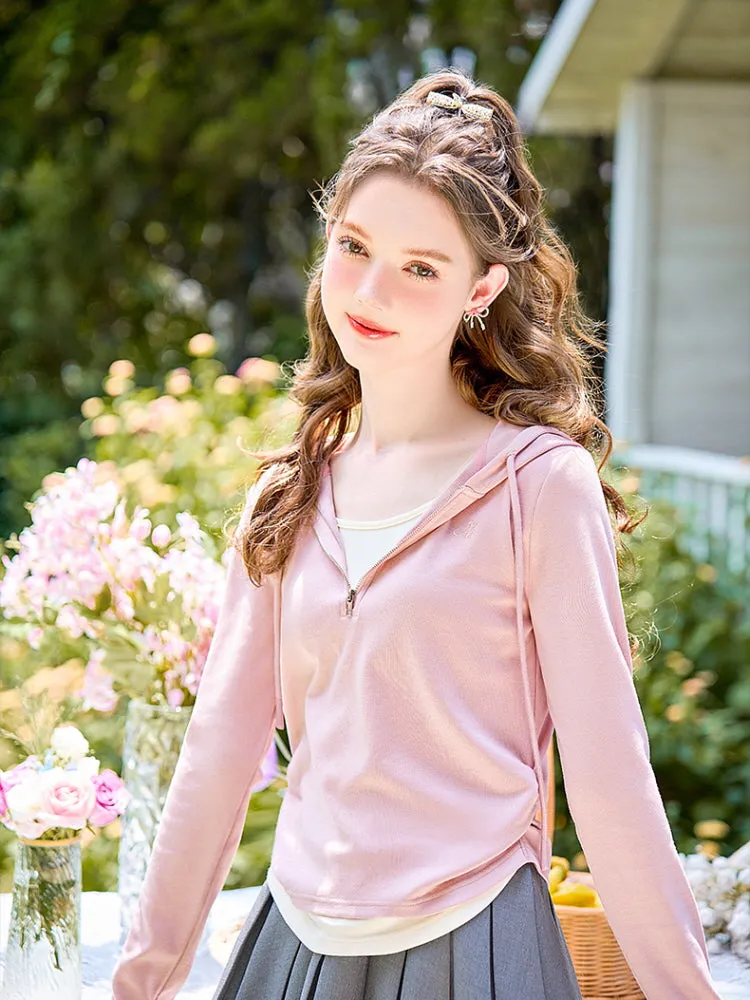 Soft Blush Ribbon Hooded Zip-Up Top
