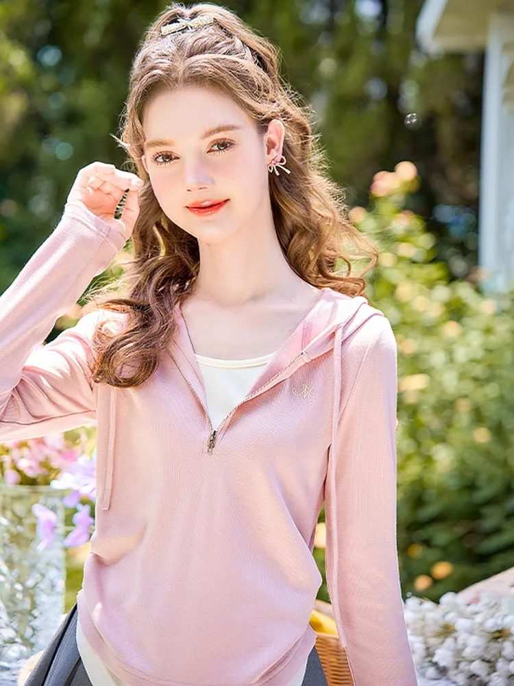 Soft Blush Ribbon Hooded Zip-Up Top