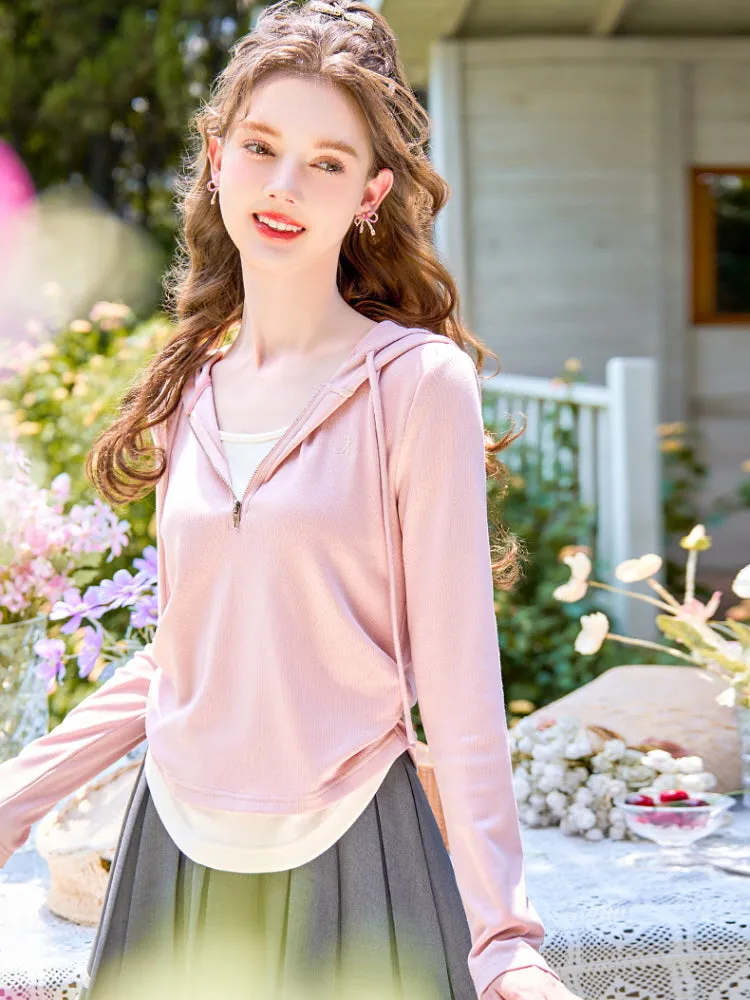 Soft Blush Ribbon Hooded Zip-Up Top