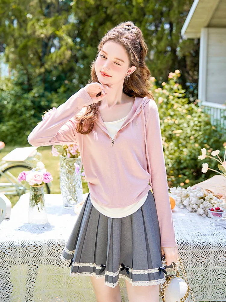 Soft Blush Ribbon Hooded Zip-Up Top