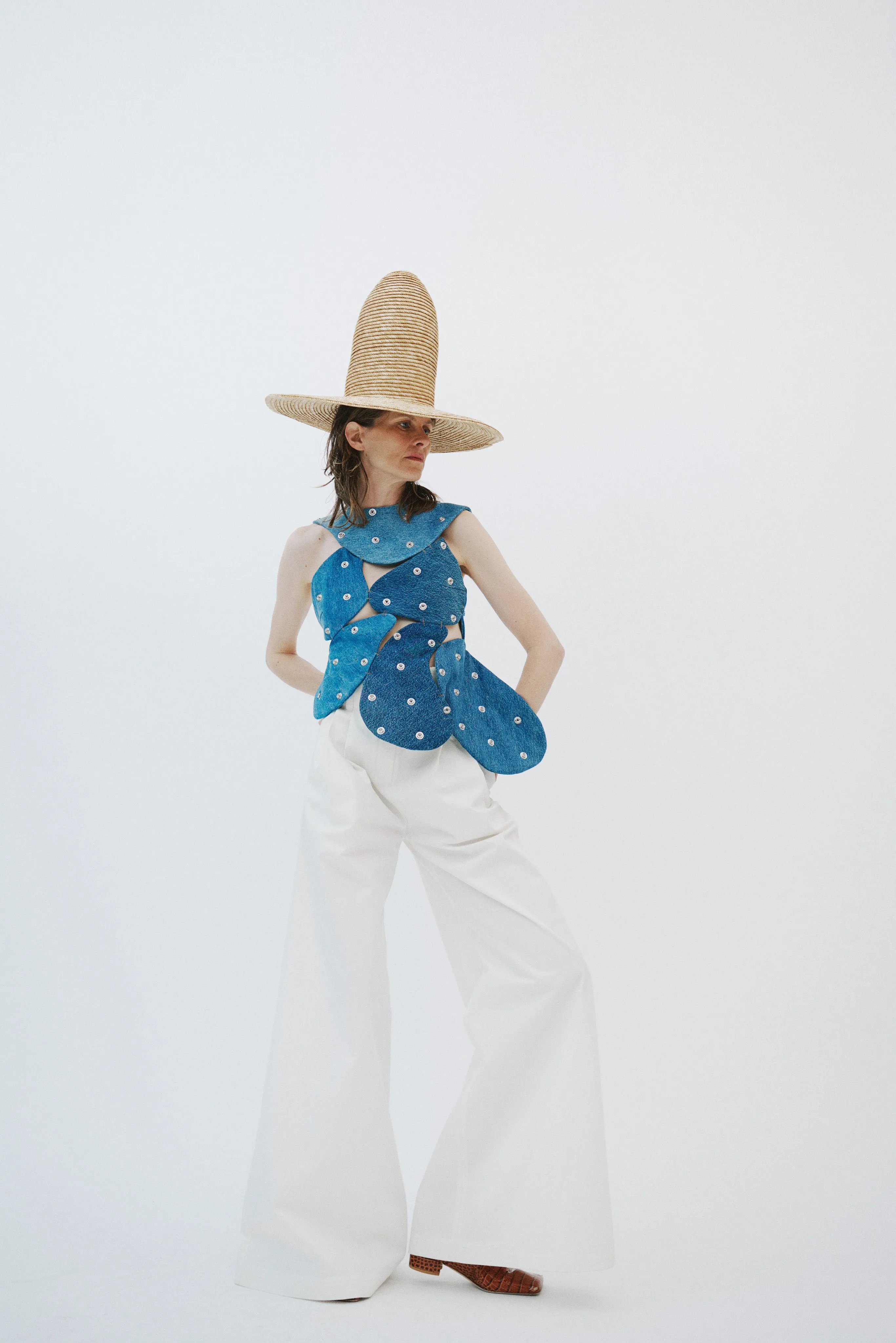 Studded Upcycled Denim Island Top Blue Denim