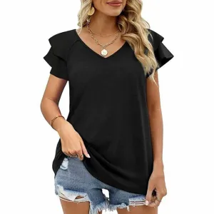 T-Shirt mit Rüschenärmeln und V-Ausschnitt