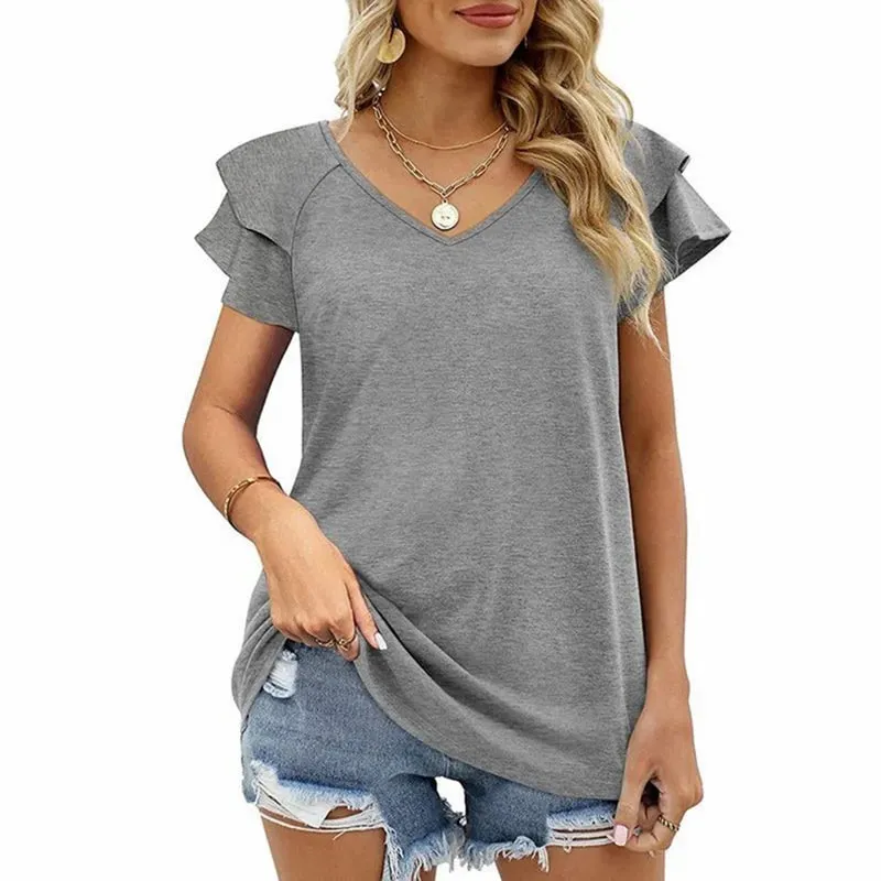 T-Shirt mit Rüschenärmeln und V-Ausschnitt