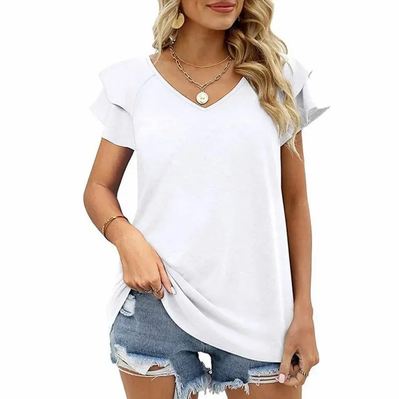 T-Shirt mit Rüschenärmeln und V-Ausschnitt