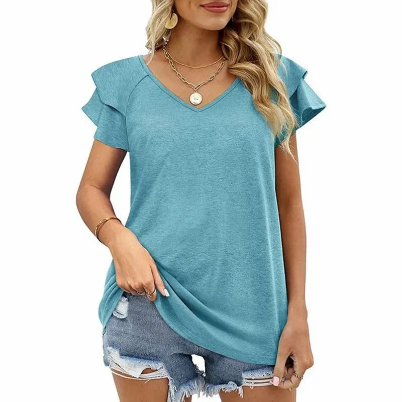 T-Shirt mit Rüschenärmeln und V-Ausschnitt