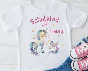 T-Shirt Schulkind Einhorn mit Name personalisiert Mädchen Einschulungsshirt Einschulung erste Klasse Geschenk