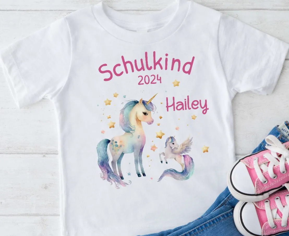 T-Shirt Schulkind Einhorn mit Name personalisiert Mädchen Einschulungsshirt Einschulung erste Klasse Geschenk