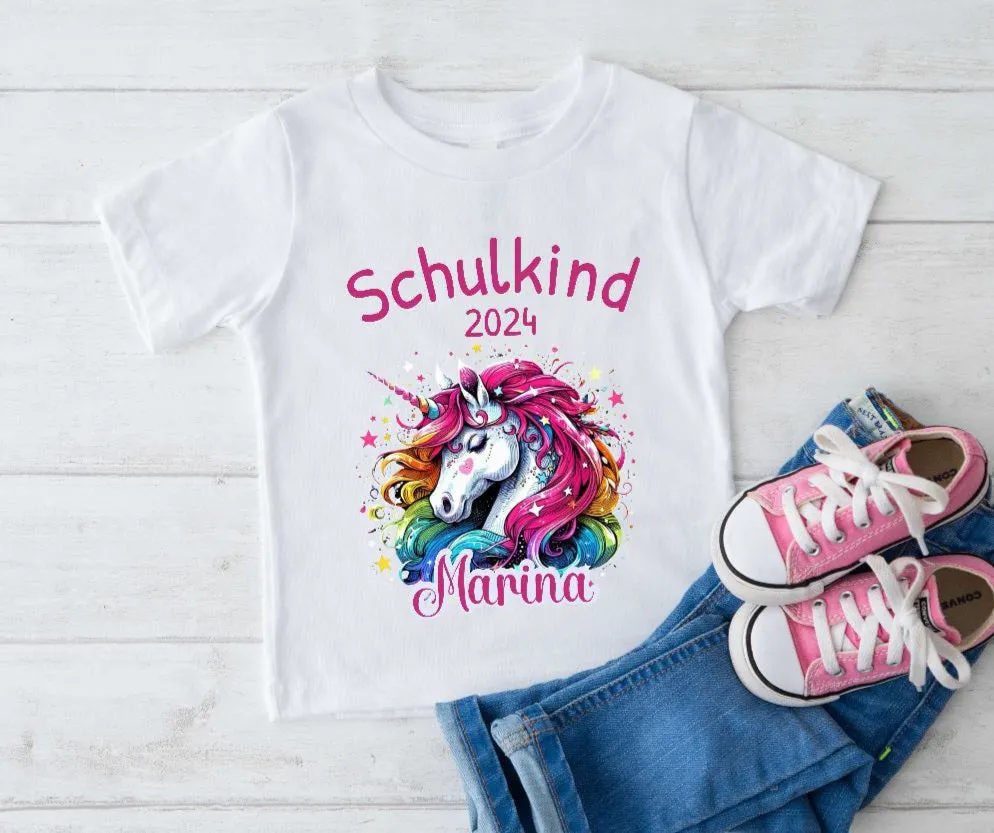 T-Shirt Schulkind Einhorn mit Name personalisiert Mädchen Einschulungsshirt Einschulung erste Klasse Geschenk