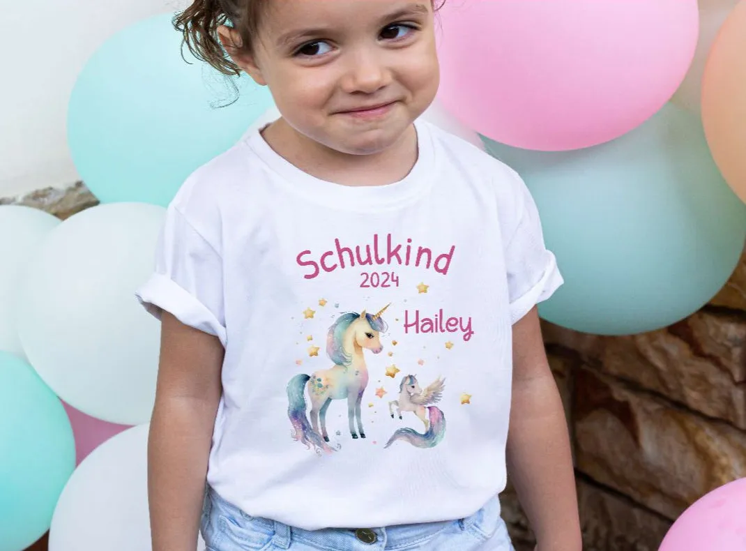 T-Shirt Schulkind Einhorn mit Name personalisiert Mädchen Einschulungsshirt Einschulung erste Klasse Geschenk