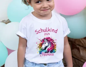 T-Shirt Schulkind Einhorn mit Name personalisiert Mädchen Einschulungsshirt Einschulung erste Klasse Geschenk