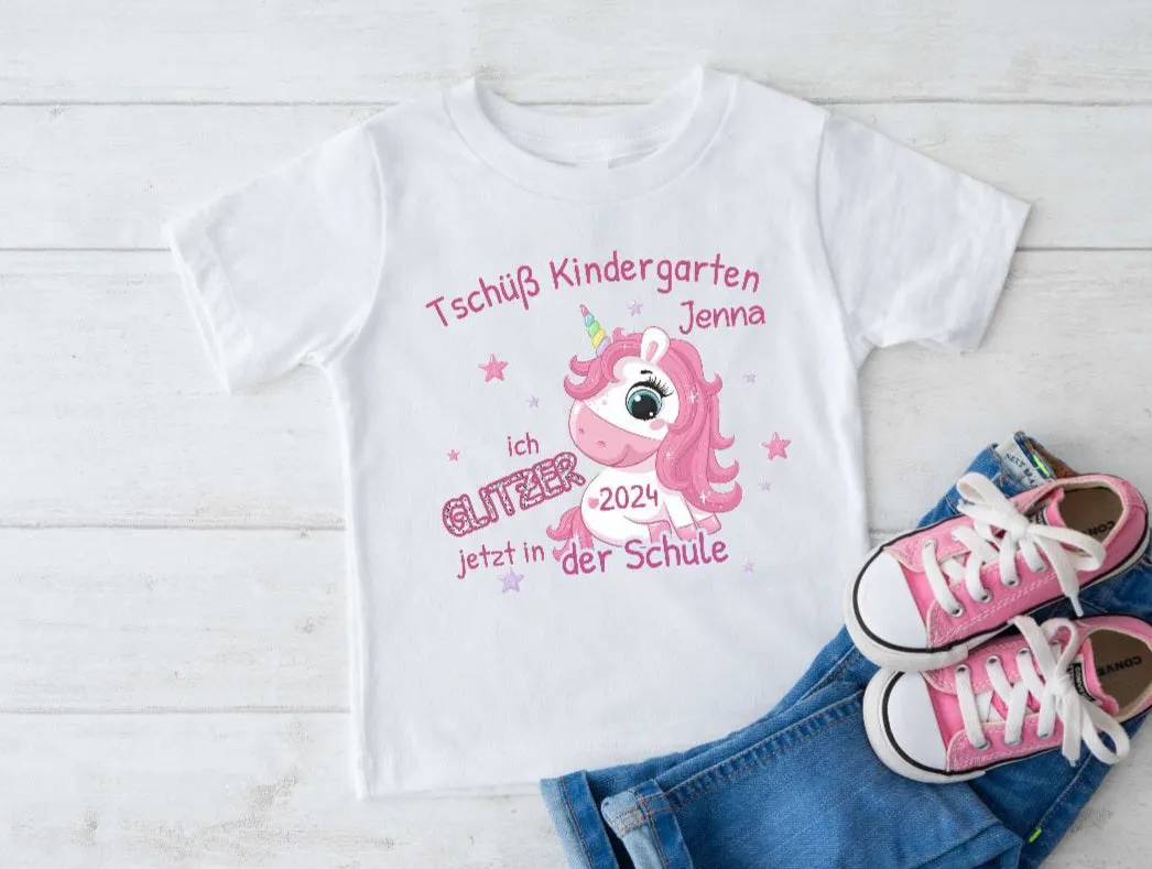 T-Shirt Tschüß Kindergarten Einhorn mit Name personalisiert Mädchen Einschulungsshirt Schulkind Einschulung erste Klasse Geschenk