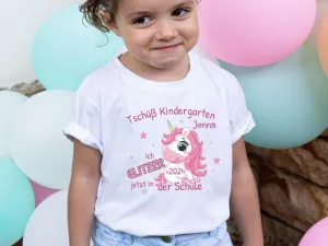 T-Shirt Tschüß Kindergarten Einhorn mit Name personalisiert Mädchen Einschulungsshirt Schulkind Einschulung erste Klasse Geschenk