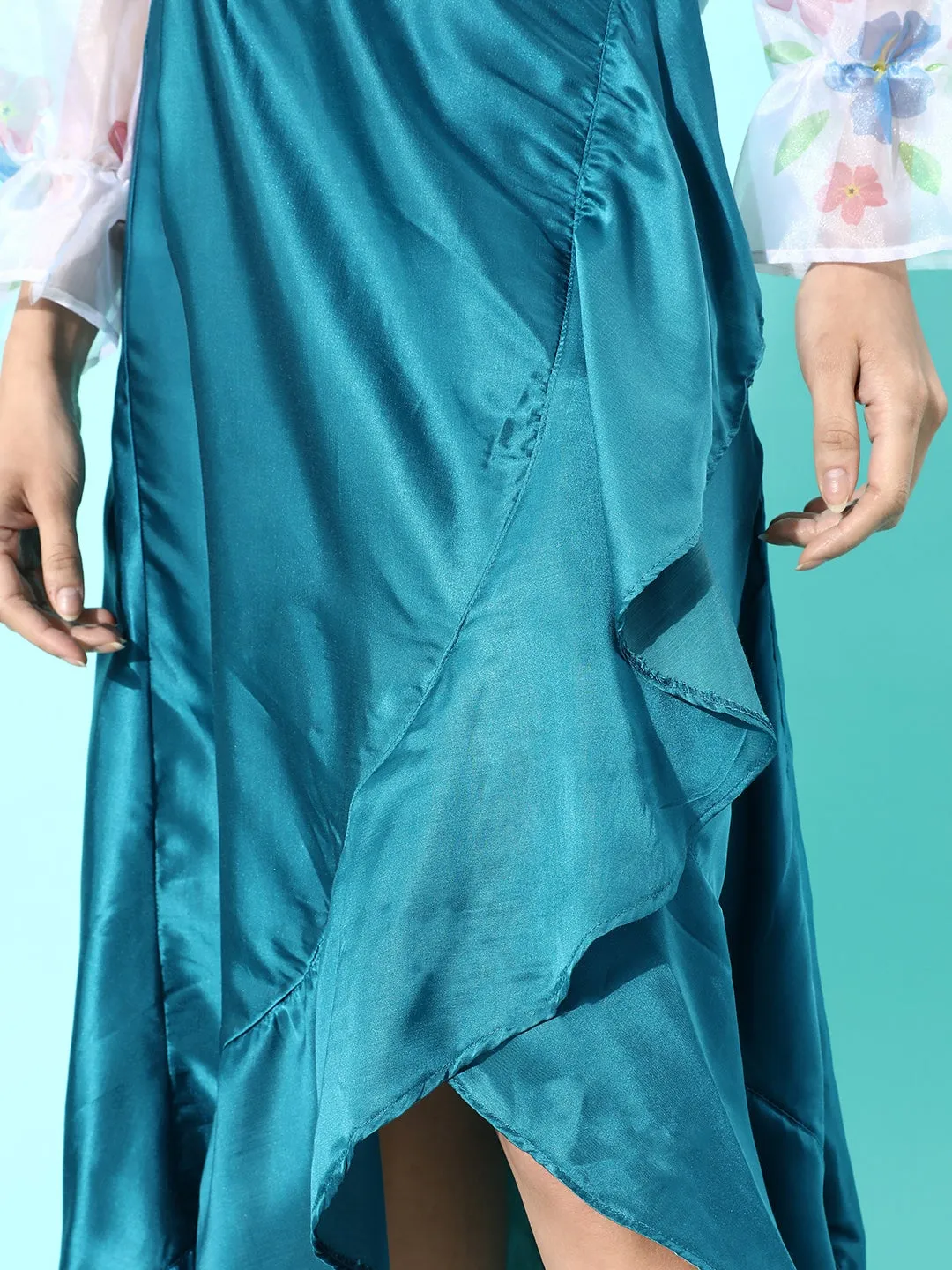 Teal Asymmetrical Frill Satan Skirt
