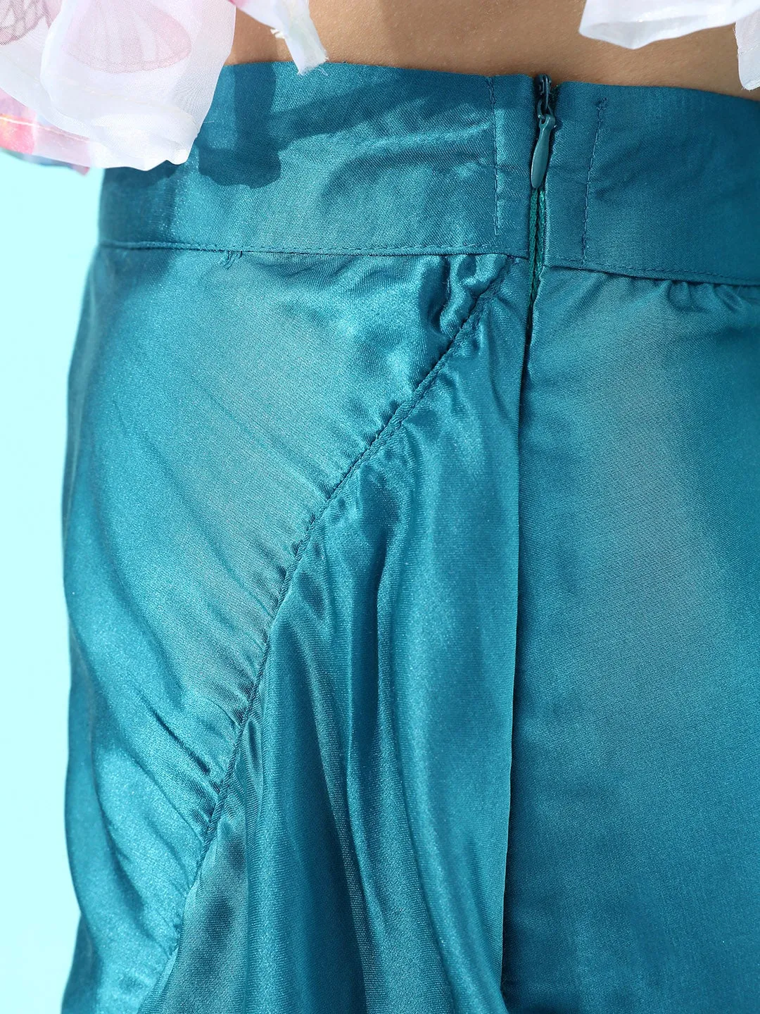 Teal Asymmetrical Frill Satan Skirt