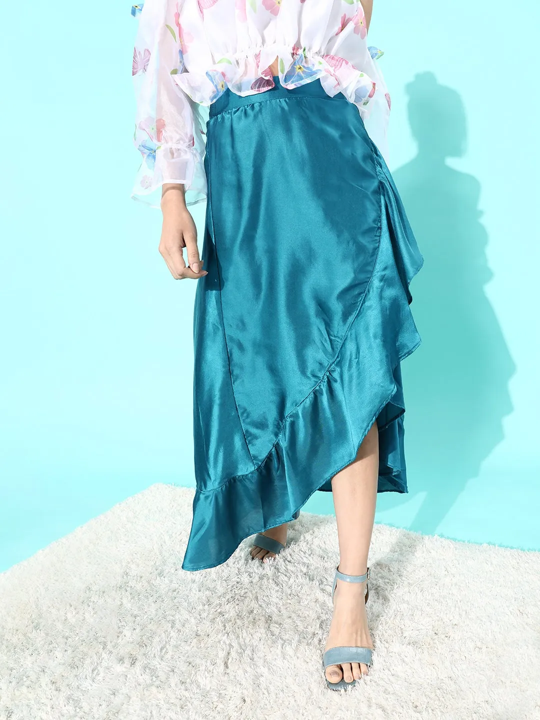 Teal Asymmetrical Frill Satan Skirt
