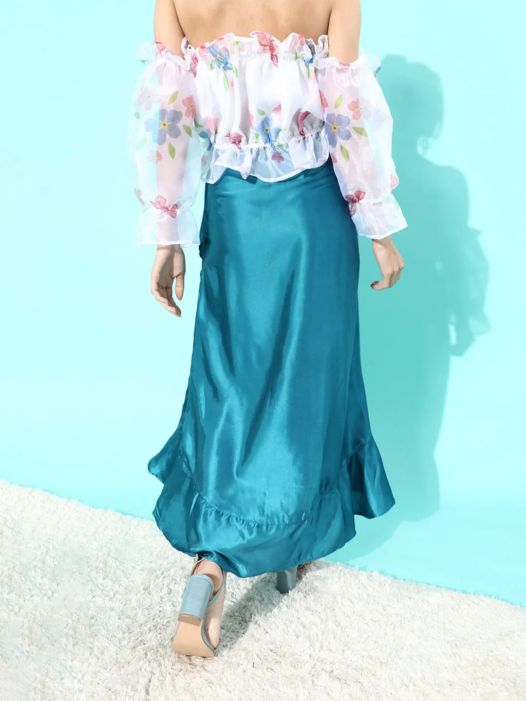 Teal Asymmetrical Frill Satan Skirt