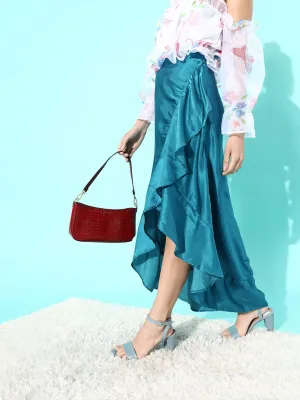 Teal Asymmetrical Frill Satan Skirt