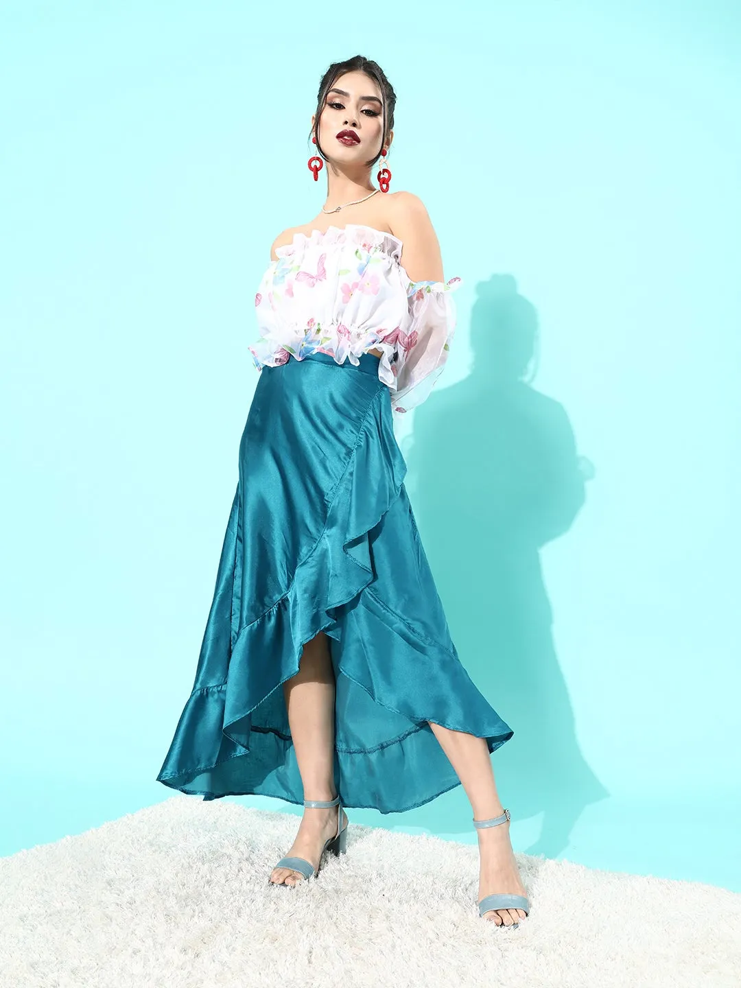 Teal Asymmetrical Frill Satan Skirt