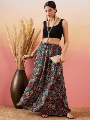 Teal Maroon Leaf Print Foil Skirt