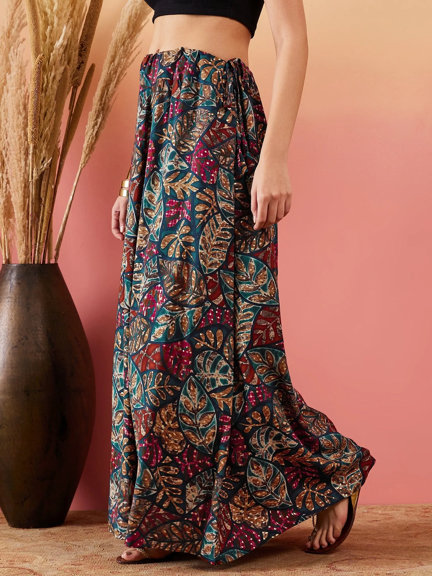 Teal Maroon Leaf Print Foil Skirt