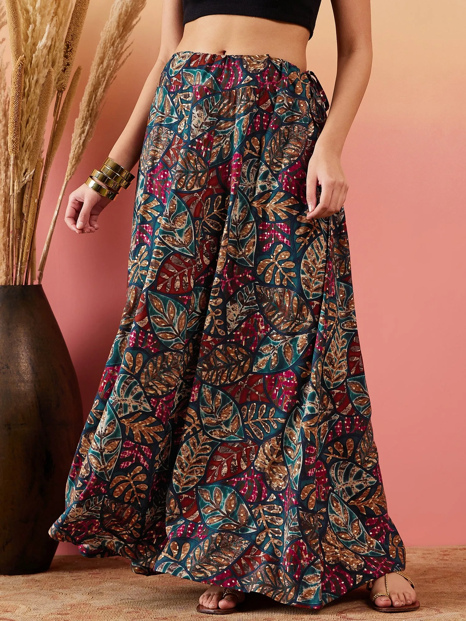 Teal Maroon Leaf Print Foil Skirt