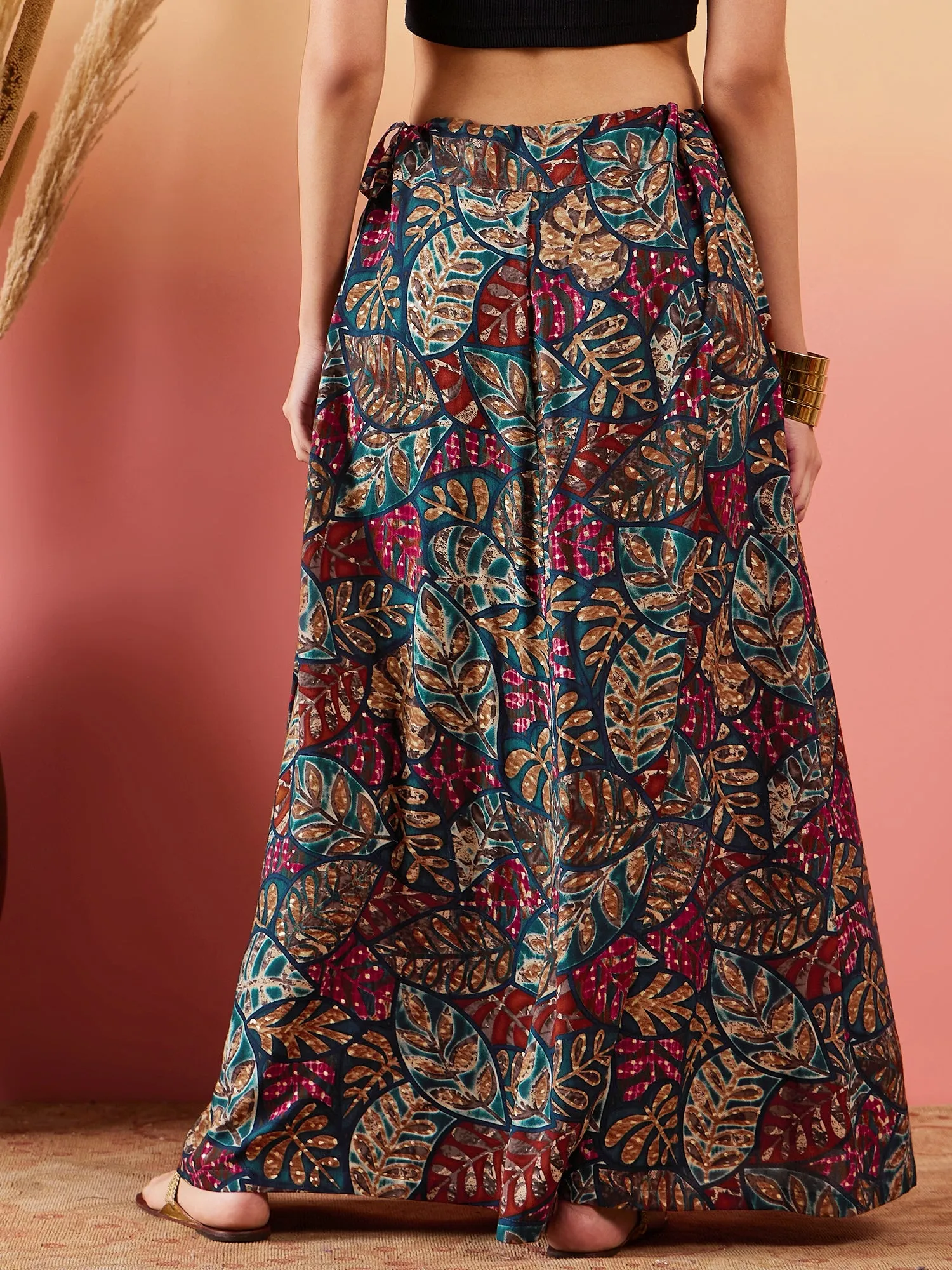 Teal Maroon Leaf Print Foil Skirt