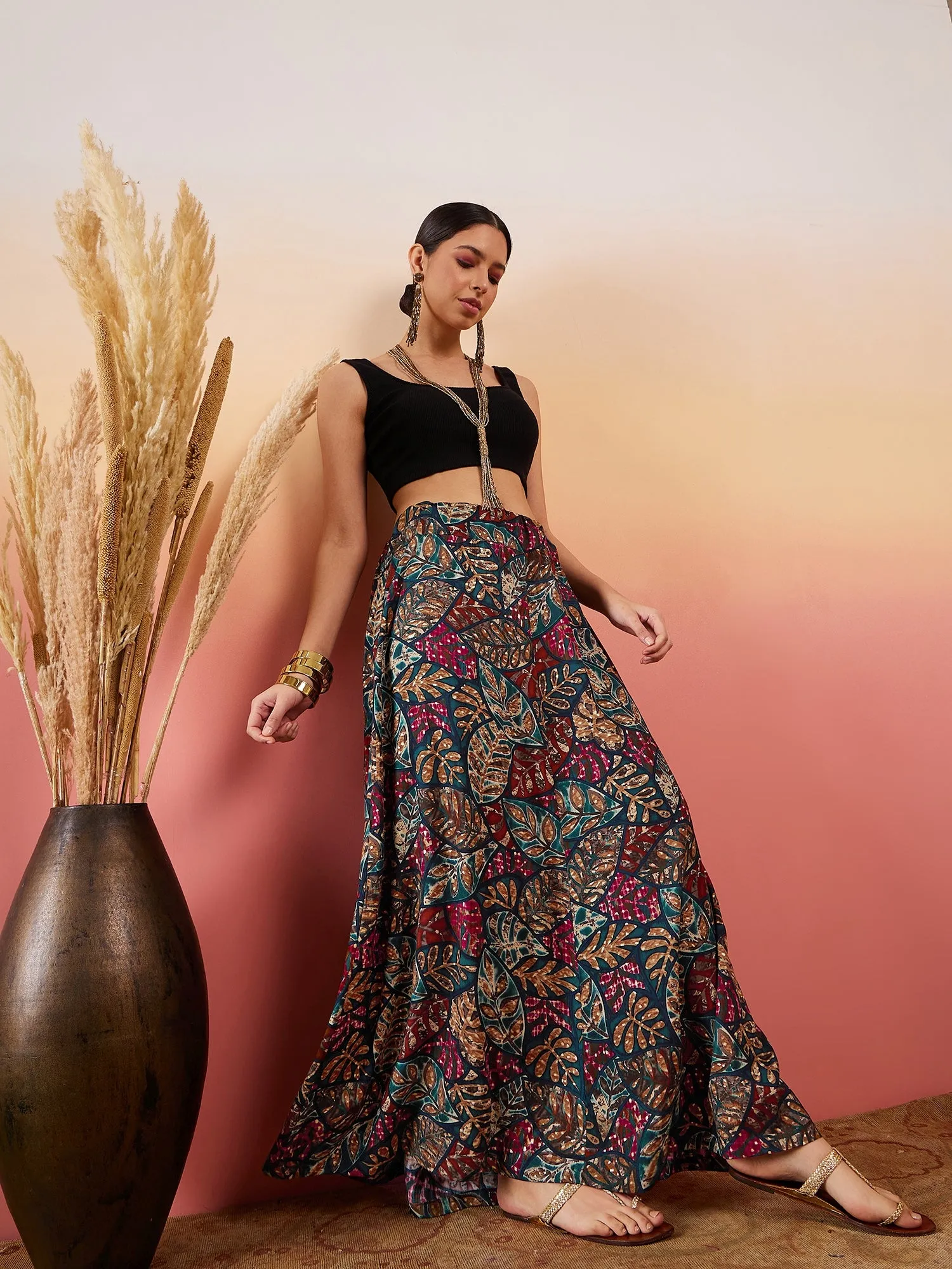 Teal Maroon Leaf Print Foil Skirt