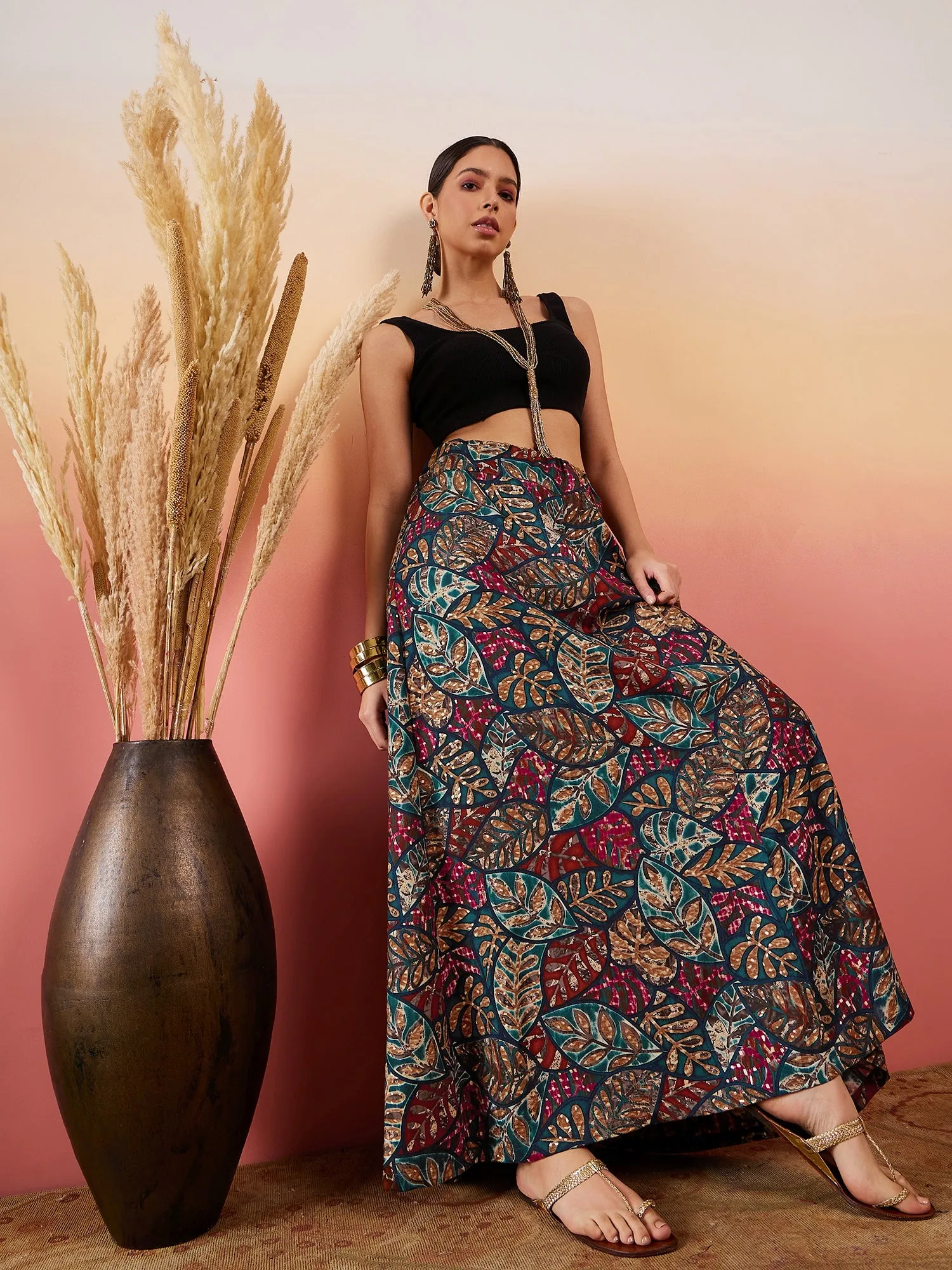 Teal Maroon Leaf Print Foil Skirt