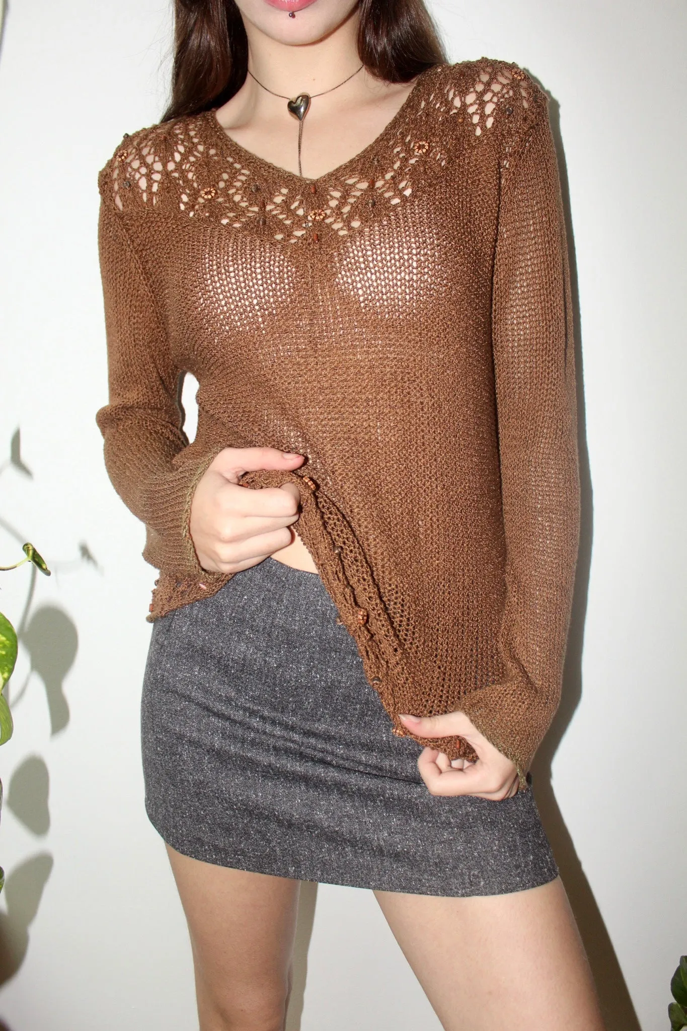 Vintage Boho Beaded Crochet Knit (M)