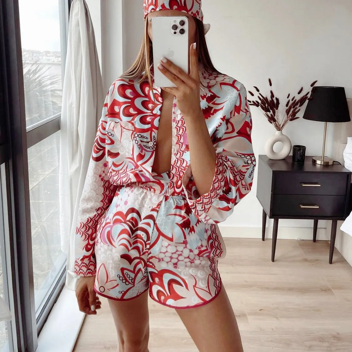 Vintage Totem Floral Print Women Shirt Hot Shorts Casual Sets 2021 Spring Summer Single Breasted Chic Clothes Streetwear