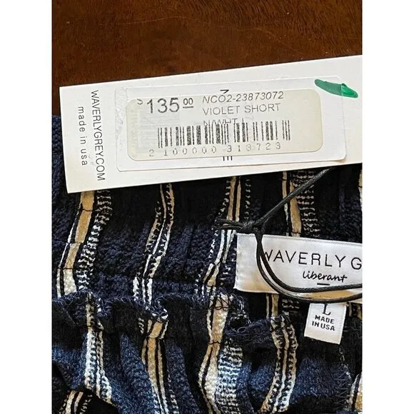 Waverly Grey Navy Blue And White Striped Elastic Waist Violet Shorts Size L
