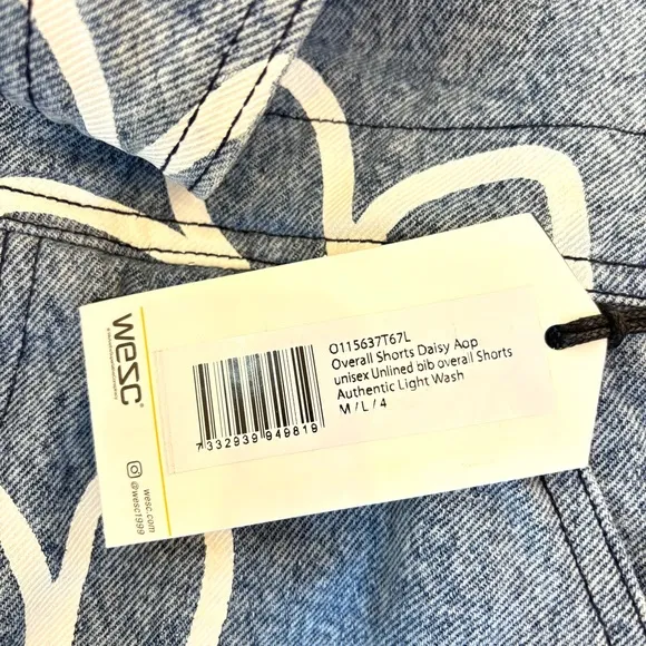 WeSC Overall Shorts Daisy Print Light Wash Denim Y2K Streetwear M/L/4 Unisex NEW