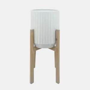 WHITE RIDGED METAL PLANTERS ON WOOD STAND