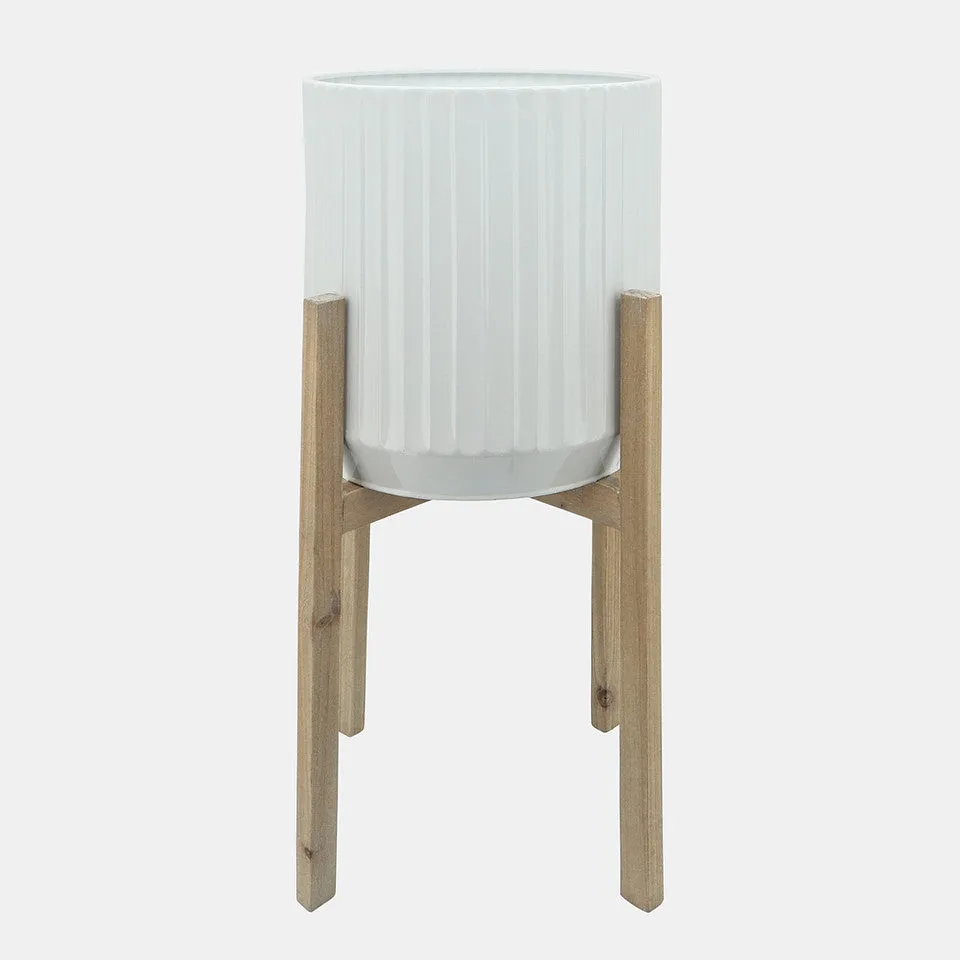 WHITE RIDGED METAL PLANTERS ON WOOD STAND