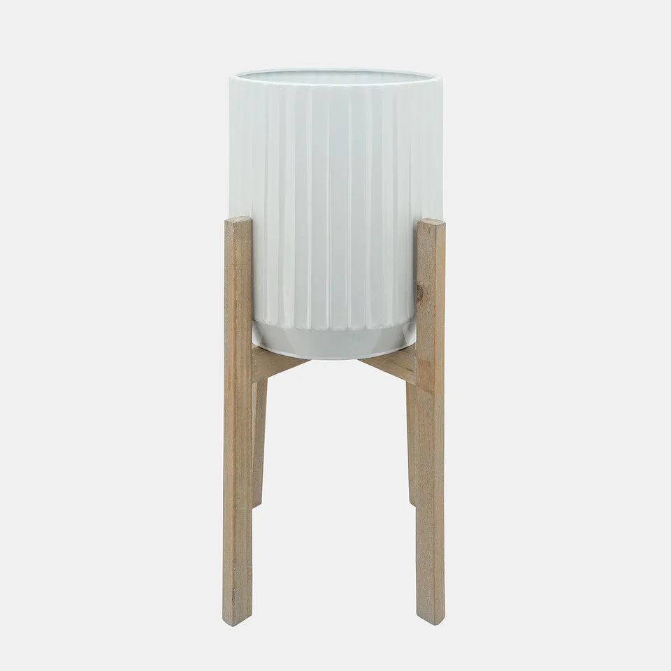 WHITE RIDGED METAL PLANTERS ON WOOD STAND